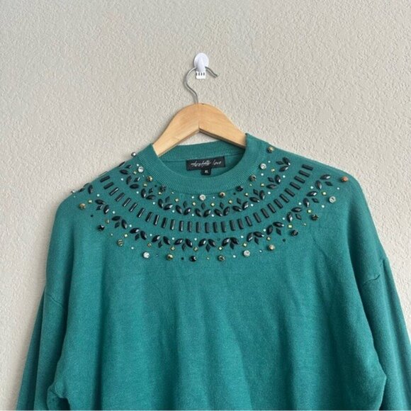 NWT Teal Embellished Sweater, Size L, Elegant Glam, Coquette Chic - Picture 3 of 11